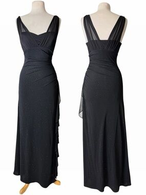 Betsy & Adam Black Sparkle Mesh Ruched Whimsigoth Maxi Gown Dress Womens Size 6